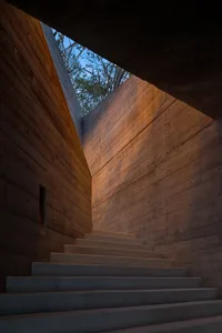 Staircase with wooden walls and ceiling, leading up to natural light from an open window.