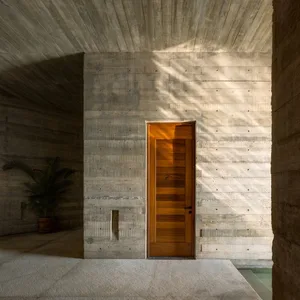 Modern minimalist interior design featuring a concrete wall and a wooden door.