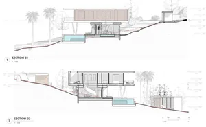 Modern architectural building section featuring glass walls, concrete floors, steel structures, and wooden elements.