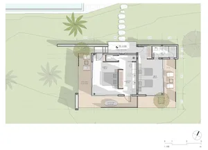 A floor plan of a modern residential house with concrete and wooden finishes.
