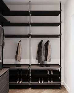 A modern closet featuring wooden shelves and metallic elements.