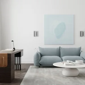 Contemporary living room with minimalist furniture, white walls, and a large abstract painting.