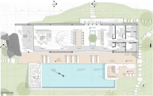 Floor plan of a modern residential building featuring a wooden design.