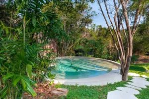 Organic outdoor space featuring natural stones and lush greenery