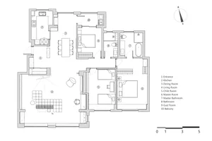 A detailed 2D architectural drawing of a modern residential house layout, showing rooms and spaces.