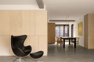 A modern living room featuring a marble wall and concrete floor.