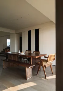 Modern interior featuring wooden furniture and minimalist decor.