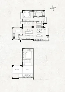 2D drawing of a minimalist apartment layout featuring modern furniture and open space.