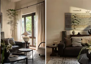 A living room featuring fabric curtains, glass doors, and wooden furniture.
