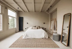 A minimalist bedroom with neutral tones and a white bed, featuring a wooden mirror and a textured rug.