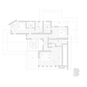 A detailed 2D architectural drawing of a modern house's ground floor layout, including rooms, amenities, and spatial organiza