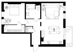 Floor plan of a modern interior space, showing living areas, bedrooms, and bathrooms.