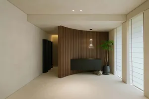 簡約風格客廳採用木質牆面與地板，營造寧靜且現代的空間氛圍。