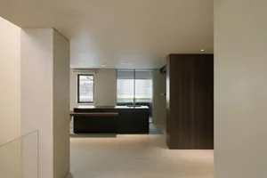 Modern minimalist kitchen featuring concrete countertops and flooring.