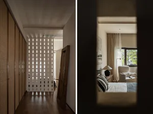 Minimalist bedroom featuring textured straw walls and a cozy bed.