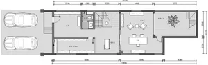A detailed architectural floor plan showing a modern residential layout with living room, dining room, kitchen, and two bedro