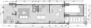 Modern House Plan with garden, living room, dining area, kitchen, bar, laundry room, and bedrooms.
