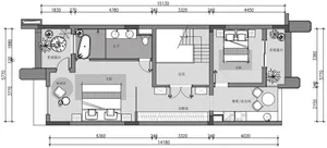 A detailed 2D architectural drawing of a residential floor plan with dimensions and labeled rooms.
