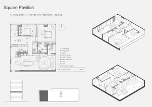 Floor plan of a Square Pavilion apartment layout showcasing residential features including living room, dining room, kitchen,