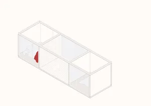 Minimalist living and dining area with glass facade and white furniture.