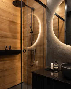Modern bathroom with minimalist design featuring wood interior.