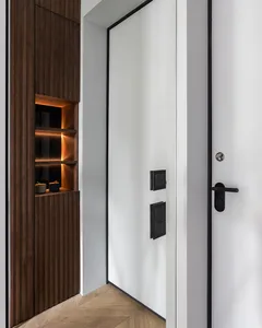 A modern doorway featuring minimalistic door design, LED lighting, and sleek storage shelves with a wooden finish and metalli