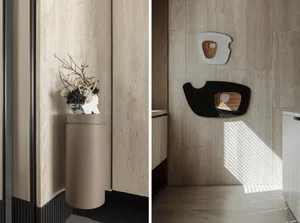 A modern, minimalist interior with a wooden pedestal and wall-mounted decorations