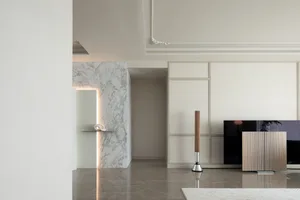 Modern living room with marble accents and minimalist design