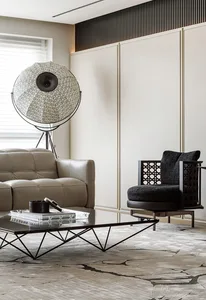 Contemporary living room featuring modern furniture, a unique floor lamp, and minimalist design elements.