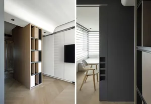 An image showcasing modern office cabinetry with glass and metal accents.