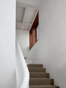 Modern staircase with carpeted steps and wooden railings in an interior setting.