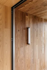 A close-up view of a wooden door with a sleek, white handle.