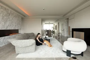 A modern living room with a marble accent wall, grey L-shaped sofa, and a woman sitting with a dog on a plush rug.