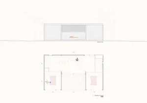 Floor plan of a modern residential interior featuring a glass wall.
