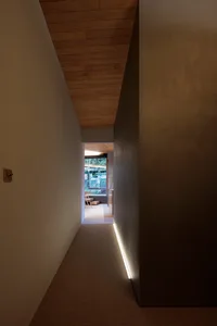 A modern entryway featuring wooden walls and floor.