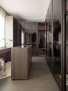 Modern minimalist closet with glass and wood elements.