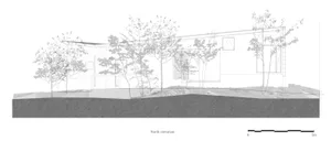 An exterior architectural drawing of a modern sustainable house with a garden including trees and landscaping.