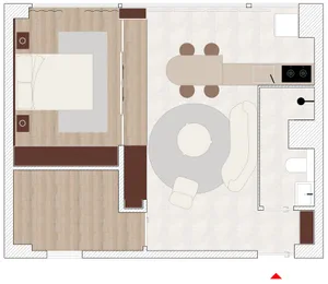 A modern apartment layout with hardwood flooring, featuring a living area with a dining table, a kitchen, and a bedroom.