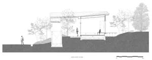 A modern exterior architectural section diagram showing a steel and concrete structure with a roof overhang and people sittin