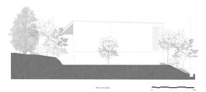 A modern house exterior architectural plan showing the west elevation and surrounding landscape.