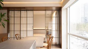 Modern minimalist dining room with white curtains and wooden chairs