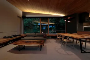 Modern minimalist living room featuring a sofa, coffee table, and dining table with wood finishes.