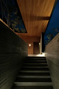 Concrete staircase and walls leading to a modern residential entrance.