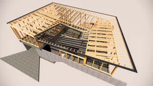 Modern roof structure with exposed wooden beams and framing