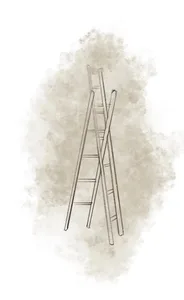 Two ladders leaning against a wall forming a staircase shape.