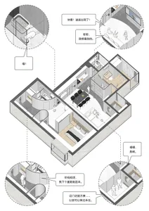 An isometric view of a modern apartment layout showing various rooms and areas.