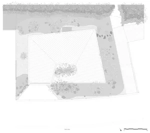 A roof plan featuring a wooden structure with a slanted roof.