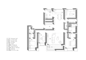 Modern apartment floor plan with living room, dining room, kitchen, bedrooms, and utility room.
