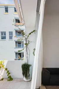 Modern, minimalist balcony interior with concrete planter and greenery.