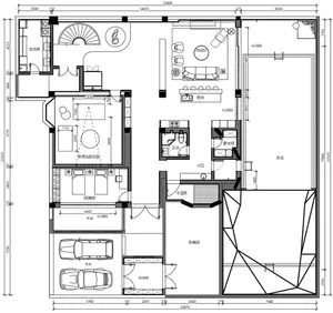 2D architectural drawing of a modern residential home with concrete, glass, and wood materials.